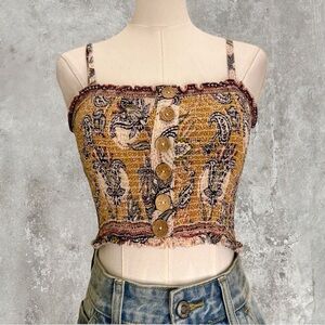 Angie Boho Paisley Button-Front Crop Top Festival Vibes